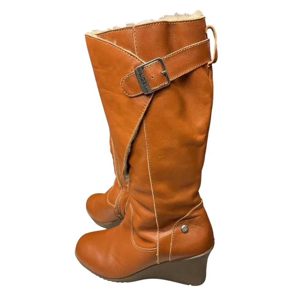 UGG Corinth Shearling Lined Wedge Knee High Leather Buckle Zip Wedge Boots Sz 10